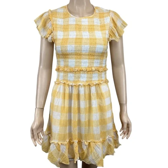 Saylor Saya Checkered Smocked Mini Dress size‎ Medium Yellow & White Lined - Picture 4 of 11